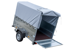 Einachsiger Anhänger 200x125 mit hoher Plane, Überrollbügel, Bordwandverlängerungen und Stützrad – Garden Trailer 201 KIPP