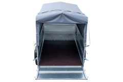 Einachsiger Anhänger 200x125 mit hoher Plane, Überrollbügel, Bordwandverlängerungen und Stützrad – Garden Trailer 201 KIPP