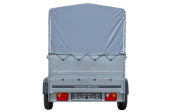 Einachsiger Anhänger 200x125 mit hoher Plane, Überrollbügel, Bordwandverlängerungen und Stützrad – Garden Trailer 201 KIPP