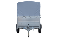 Einachsiger Anhänger 200x125 mit hoher Plane, Überrollbügel, Bordwandverlängerungen und Stützrad – Garden Trailer 201 KIPP