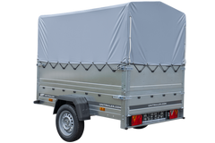 Einachsiger Anhänger 200x125 mit hoher Plane, Überrollbügel, Bordwandverlängerungen und Stützrad – Garden Trailer 201 KIPP