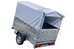 Einachsiger Anhänger 200x125 mit hoher Plane, Überrollbügel, Bordwandverlängerungen und Stützrad – Garden Trailer 201 KIPP