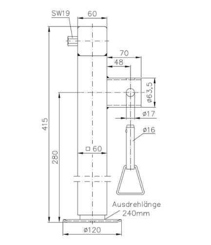 Gleitstütze für Anhänger SF 60-19-280 Maximale Belastung der Stütze 1300 kg