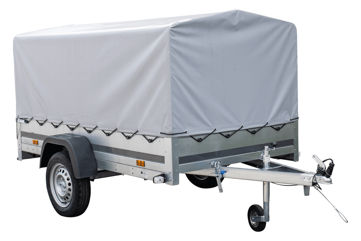 Straßenanhänger mit hoher Plane, Überrollbügel und Stützrad 230×125