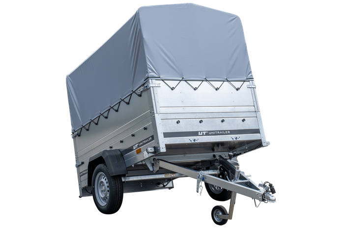 Einachsiger Anhänger 200x125 mit hoher Plane, Überrollbügel, Bordwandverlängerungen und Stützrad – Garden Trailer 201 KIPP
