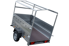 Einachsiger Anhänger 200x125 mit hoher Plane, Überrollbügel, Bordwandverlängerungen und Stützrad – Garden Trailer 201 KIPP