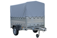 Einachsiger Anhänger 200x125 mit hoher Plane, Überrollbügel, Bordwandverlängerungen und Stützrad – Garden Trailer 201 KIPP