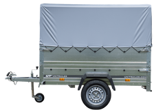 Einachsiger Anhänger 200x125 mit hoher Plane, Überrollbügel, Bordwandverlängerungen und Stützrad – Garden Trailer 201 KIPP