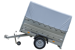 Einachsiger Anhänger 200x125 mit hoher Plane, Überrollbügel, Bordwandverlängerungen und Stützrad – Garden Trailer 201 KIPP