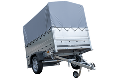 Einachsiger Anhänger 200x125 mit hoher Plane, Überrollbügel, Bordwandverlängerungen und Stützrad – Garden Trailer 201 KIPP