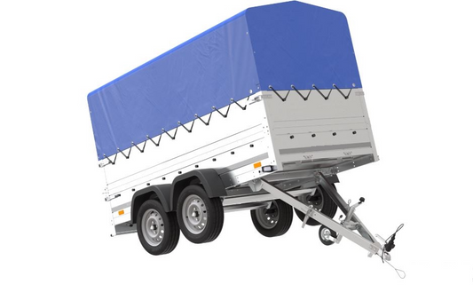 Zweiachsiger PKW-Anhänger 264/2 KIPP mit Seitenwandverlängerungen, hoher Plane, Überrollbügel